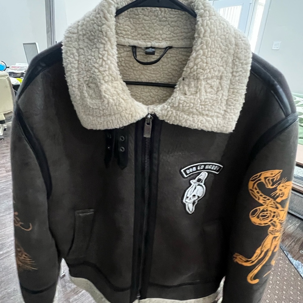 Ed Hardy dark brown Aviator Shearling
suede fur
skull cobra bomber jacket - Picture 2 of 7